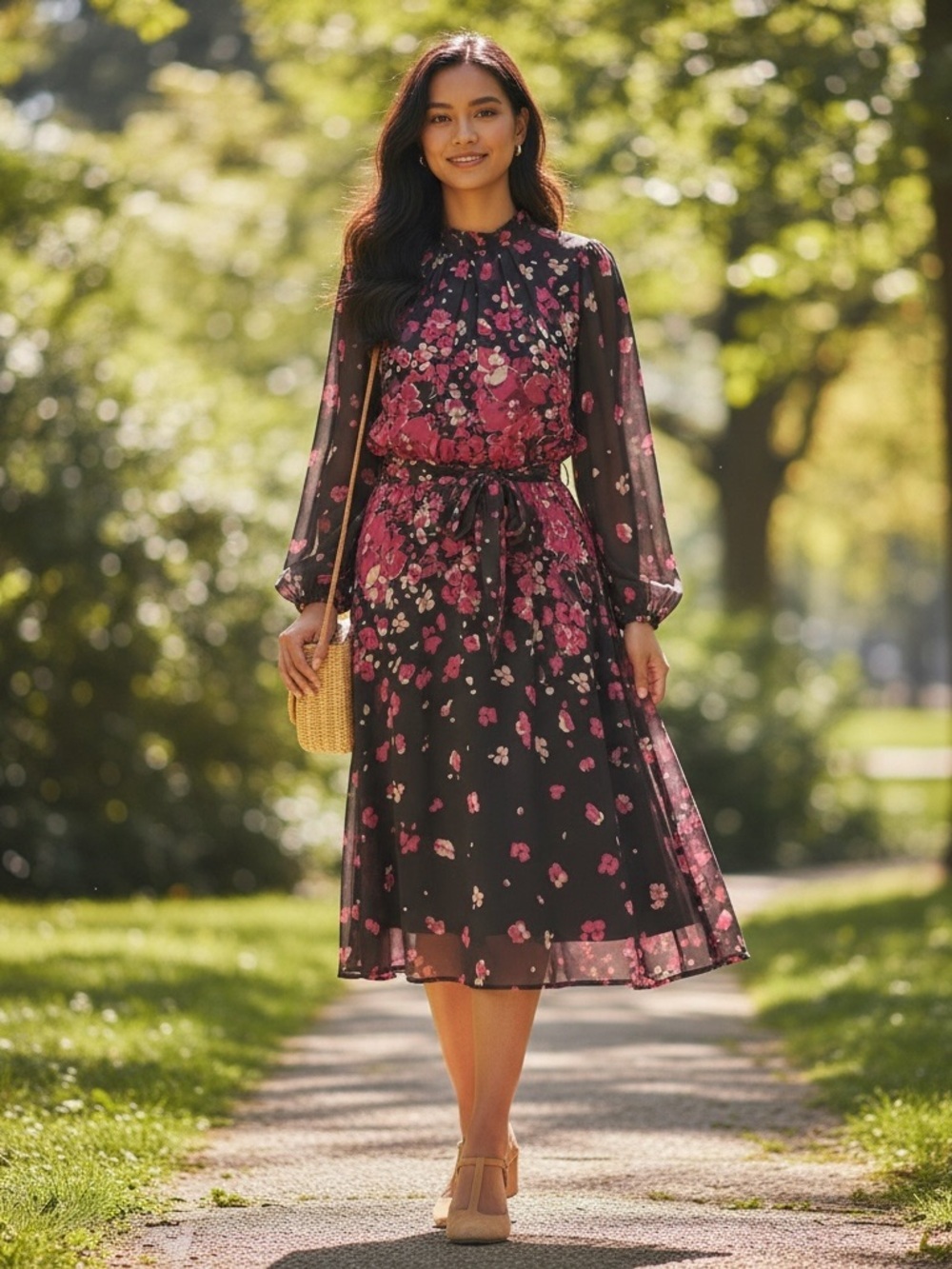 NWT R&K Sz 12 Black Red Floral Chiffon Long Sleeve Knee Length Dress Whimsigoth
